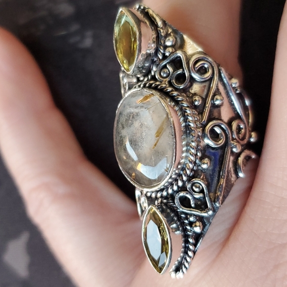 New Golden Rutile and Citrine 925 Silver Statement Ring. - Picture 4 of 8